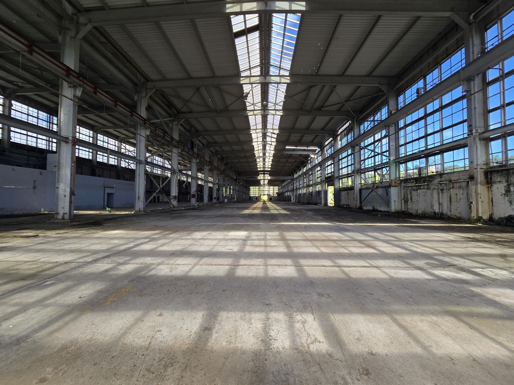 Interior de un hangar vacío con estructura de acero y claraboyas