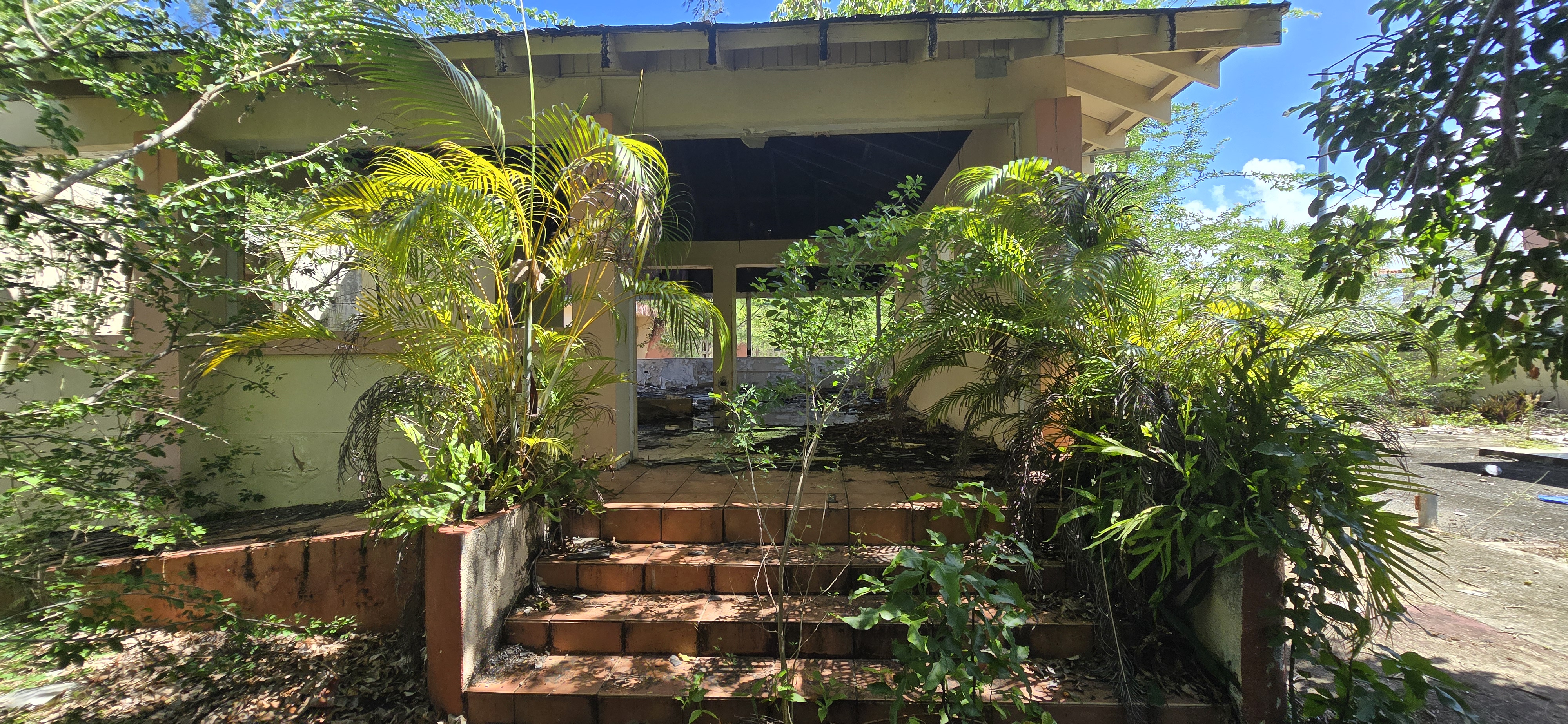 Edificio de dos pisos del Centro Vacacional de Loíza completamente rodeado de vegetación y árboles