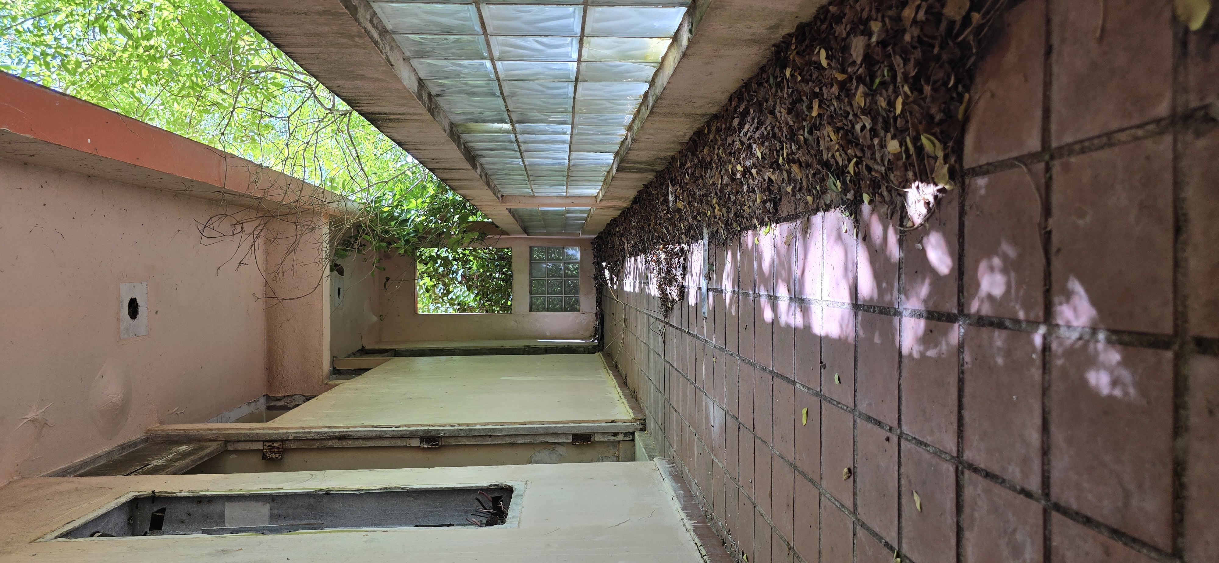 Pasillo interior del Centro Vacacional de Loíza con piso de mosaico todavía intacto y vegetación entrando
